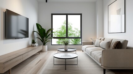 A cozy family room with a large sofa, a coffee table, and a TV, with copy space, high-resolution photo, realistic photo, hyper realistic