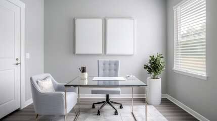Fototapeta premium A chic home office with a glass desk, a stylish chair, and motivational wall art, with copy space, high-resolution photo, realistic photo, hyper realistic
