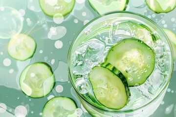 A calming and rejuvenating glass of cucumber water, perfect for a spa day. The refreshing drink is garnished with a slice of cucumber and a sprig of mint.