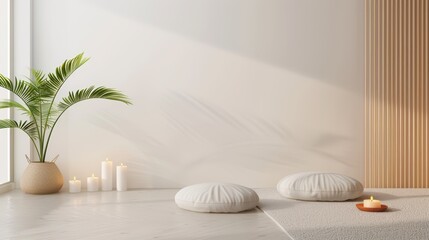 A peaceful meditation room with cushions, candles, and a calming atmosphere, with copy space, high-resolution photo, realistic photo, hyper realistic