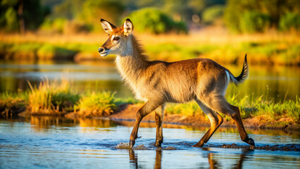 Obraz premium Adorable waterbuck calf frolics at river's edge, its spindly legs and oversized ears adding to its playful charm in a sun-drenched Africa savannah scene.