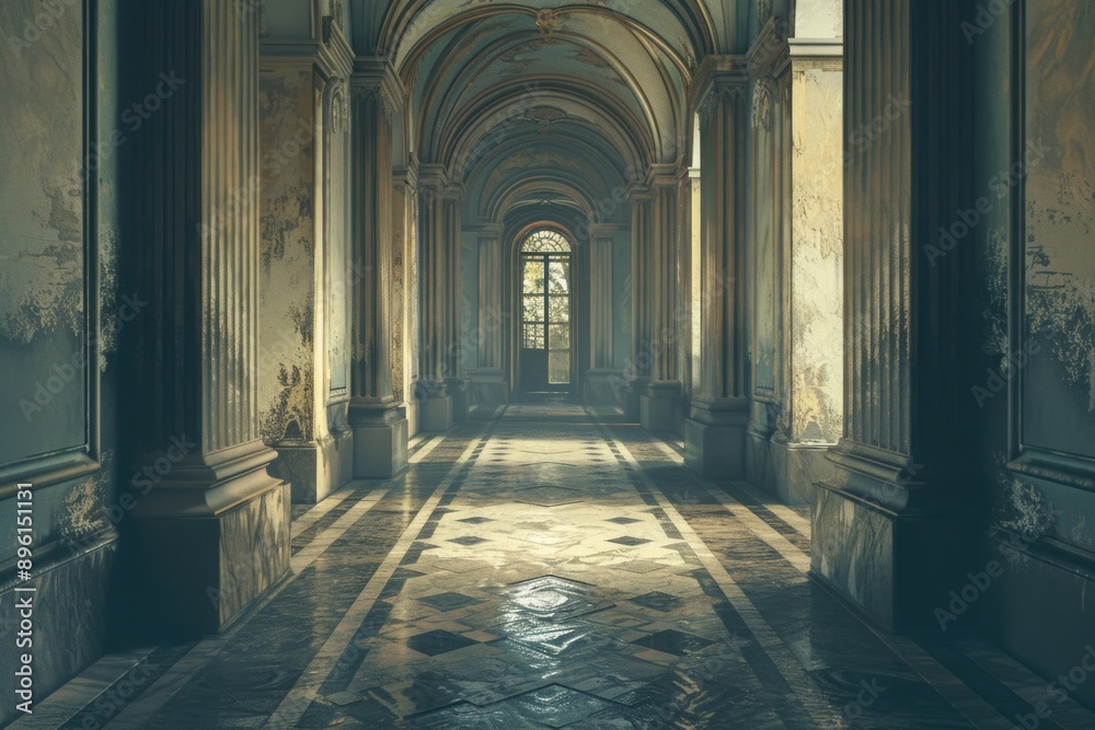 Poster a long hallway with columns and a clock on the wall, perfect for architectural or interior design pr