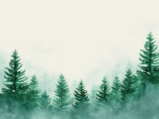 Watercolor painting of a misty forest with tall evergreen trees.  The painting is in shades of green and white.  The background is a soft white with the trees in the foreground.