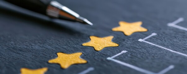 a pen and golden stars on a rating sheet, symbolizing review, feedback, and evaluation in business.