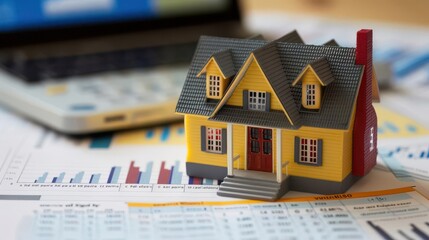 A miniature yellow house model on financial reports, symbolizing real estate investment and market analysis.