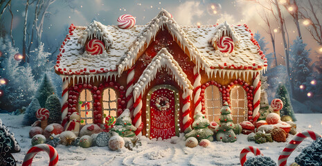 Fototapeta premium A gingerbread house with candy decorations and a wreath on the door