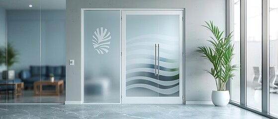 A modern office door with a clean, white frame and a frosted glass insert featuring the company logo