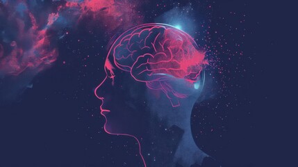 Conceptual illustration of a human head with brain activity and cosmos.