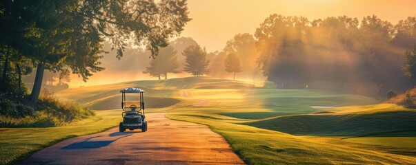 Golf Course Tranquility A golf cart beside a gently winding path on a tranquil golf course the scene bathed in the warm light of a setting sun.