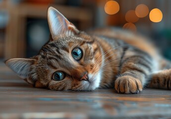 Cute tabby cat lying on the table, big eyes looking at the camera.