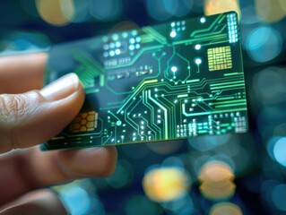 Obraz premium a hand holding a modern digital circuit board card with intricate designs and glowing lights.