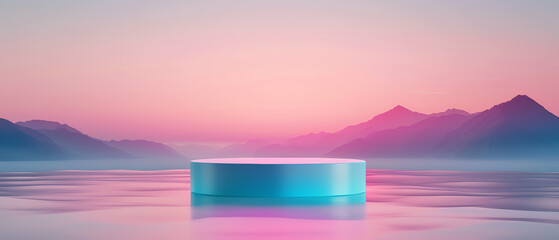 Elegant product display on a sleek podium stand, illuminated by soft sunset light on the beach, cinematic angle, vibrant colors, detailed textures, tranquil background