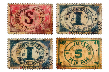 A collection of vintage stamps featuring unique designs, colors, and symbolic representations from past eras.