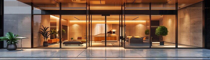 A spacious office entrance with large, double glass doors and a professional, welcoming ambiance