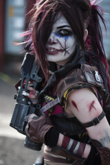 Obraz premium Crazy looking Cosplay Girl in apocalyptic Costume. End of Time Cosplay Girl.