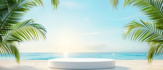 Luxury product showcase on a polished podium stand at the beach, golden hour sunset, closeup shot, rich warm tones, serene ocean backdrop, highdefinition detail