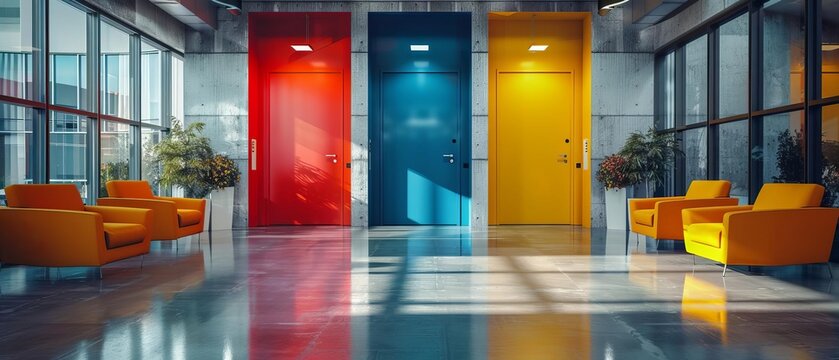 A vibrant, colorful office door, adding a touch of creativity to the modern workspace