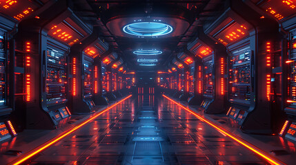 Fototapeta premium Server room with glowing red lights is housed in a futuristic spaceship corridor