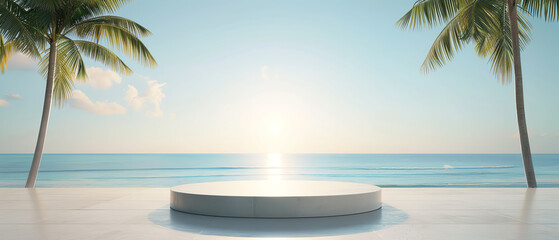 Obraz premium Sophisticated product presentation on a glossy podium stand, beach sunset, lowangle shot, rich sunset hues, intricate textures, peaceful ocean scene, high clarity
