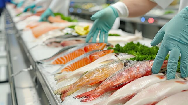 A man wearing a green apron is cutting fish at a market