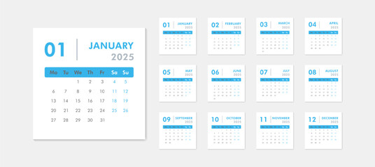 English modern classic blue calendar for 2025 year. Week starts on Monday. Desk or wall calendar in minimalist style