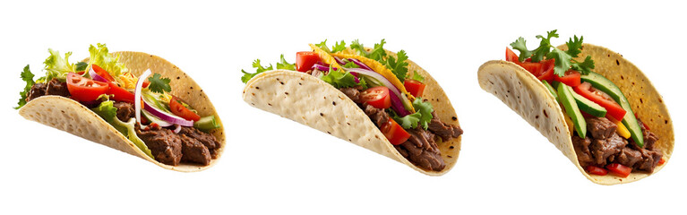 Set of Hearty Meal Delicious Beef Taco with Vegetables Isolated on Transparent Background. meal, spicy, dinner, traditional, tasty, lunch