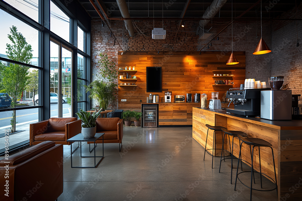 Wall mural Modern office break room featuring natural wood and exposed brick