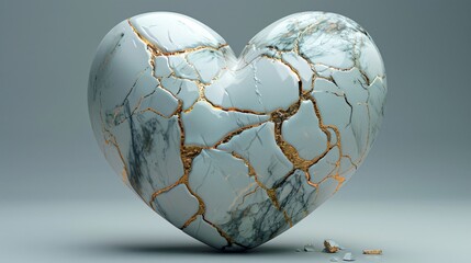 A large, white marble heart with gold veins is cracked and broken, with pieces scattered on the ground