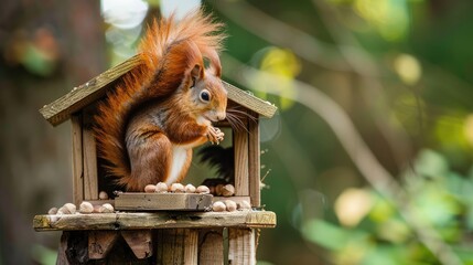 Squirrel Enjoying a Snack in a Wooden Birdhouse