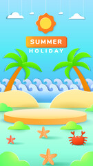 Vertical Summer holiday podium with paper cut style symbols and icons for greeting cards. Invitation background. Ideal for advertising, banners, cards, stickers and greeting card.