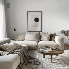 Capturing the unique blend of functionality and style in a living room adorned with minimalist scandinavian sofa furniture. 