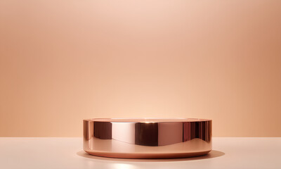 Sleek Rose Gold Podium with Reflective Surface Against Soft Beige Backdrop
