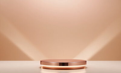 Empty Rose Gold Podium Centered in Front of Minimalist Beige Background with Golden Rays
