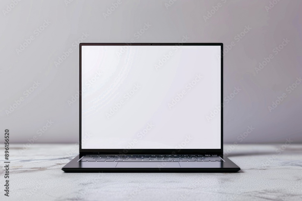 Poster a close-up view of a laptop computer sitting on a marble table