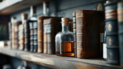 Fototapeta premium A close-up view of a shelf with vintage books and a glass decanter containing a brown liquid. The focus is on the glass decanter and the leather-bound books.