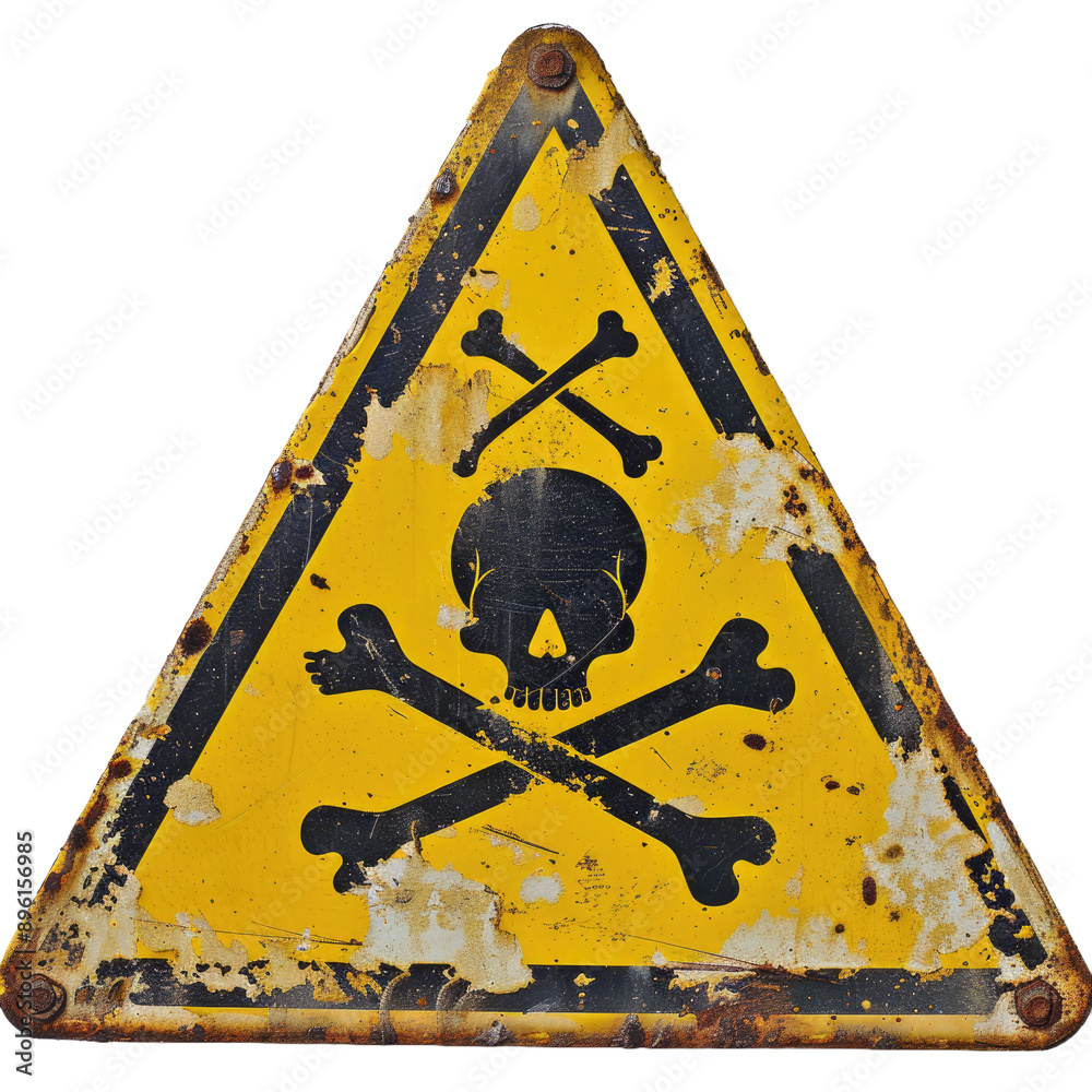 Wall mural yellow triangular sign. grungy style danger sign with skull and cross bones. rusty. warning. caution