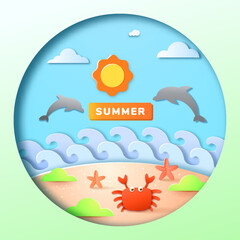 Summer holiday illustration with paper cut style symbols and icons for greeting cards. Invitation background. Ideal for advertising, banners, cards, stickers and greeting card.