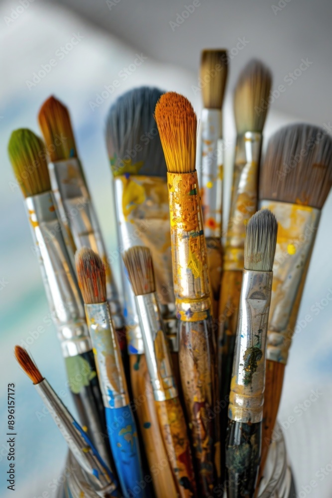 Poster a collection of paint brushes stored in a glass container