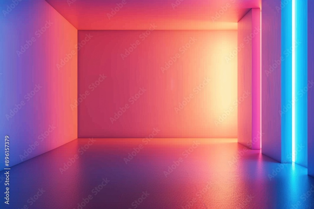 Poster a dimly lit empty room with a warm glow from neon lights