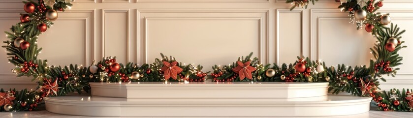 Elegant holiday stage adorned with festive garlands and red flowers, perfect for Christmas events, celebrations, and decor inspiration.