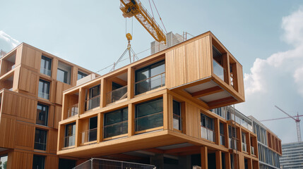 Modern modular building construction with wooden elements and a crane lifting a module into place.