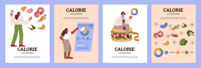 A set of infographics on a white background, focused on health, with diagrams for measuring calories