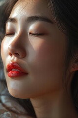 Captivating close-up showcasing the delicate beauty and vulnerability of an Asian woman. Her eyes are closed in ecstasy as she basks in a tender caress. generative AI