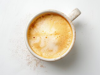 A cappuccino with latte art in a white cup on a white background