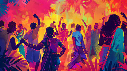  a festival in India, with men and women dancing against a background