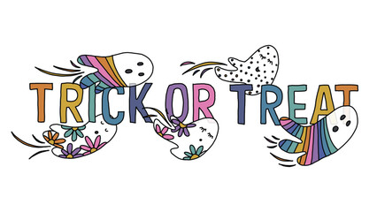 Trick or Treat - Halloween Illustration of colorful, rainbow colored ghosts and hand drawn fonts