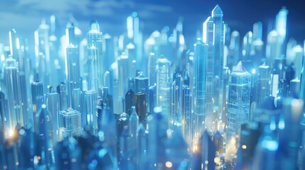 Obraz premium Crystal cityscape with illuminated skyscrapers and cutting-edge environmental technology.