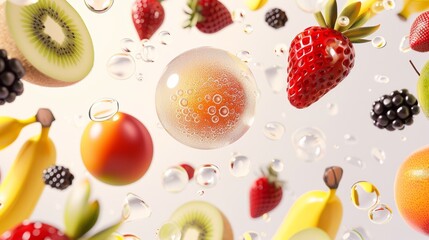 A whimsical pattern of floating fruits and bubbles, with a light and airy background, high-resolution photo, realistic photo, hyper realistic