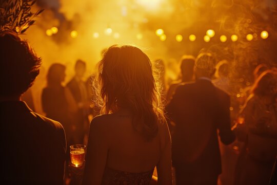 A dimly lit party scene with a woman silhouetted against warm golden lights. She holds a drink as others mingle around her.