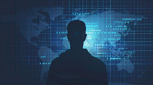 Hacker Silhouette Against World Map